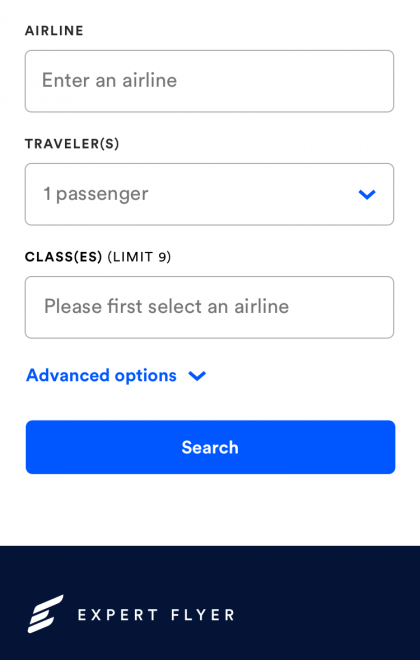 ExpertFlyer Awards & Upgrades Mobile search page for setting up search