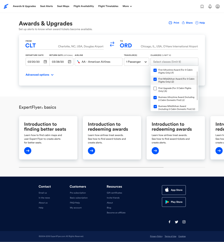 ExpertFlyer Awards & Upgrades search page for setting up your search