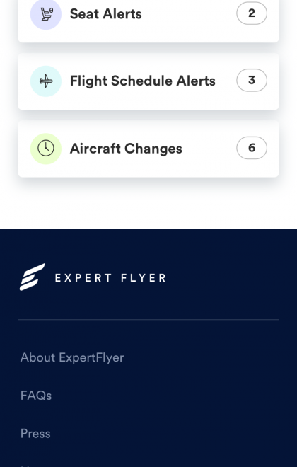 ExpertFlyer Alerts Mobile landing page which allows users to select into 4 types of alerts