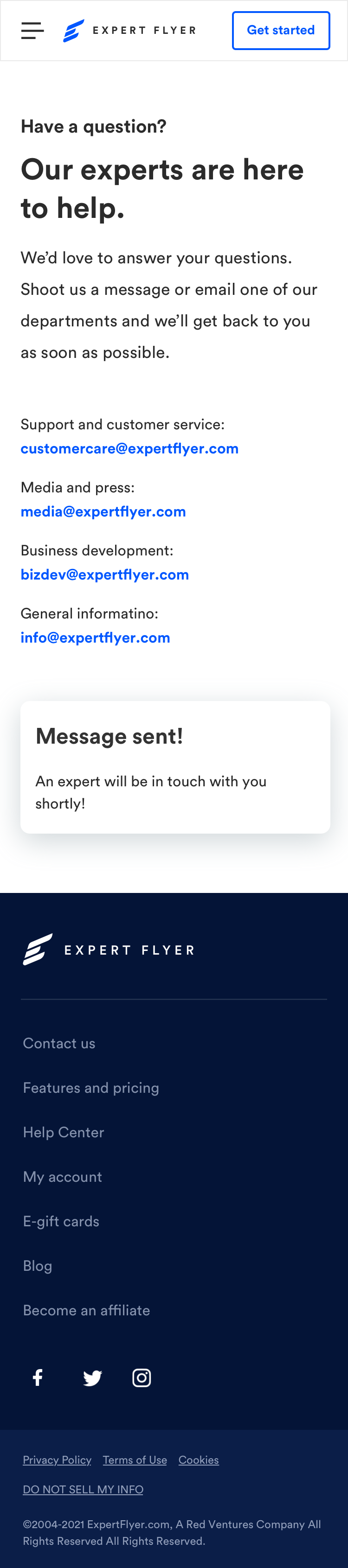 High-fidelity mockup of mobile contact page - message sent