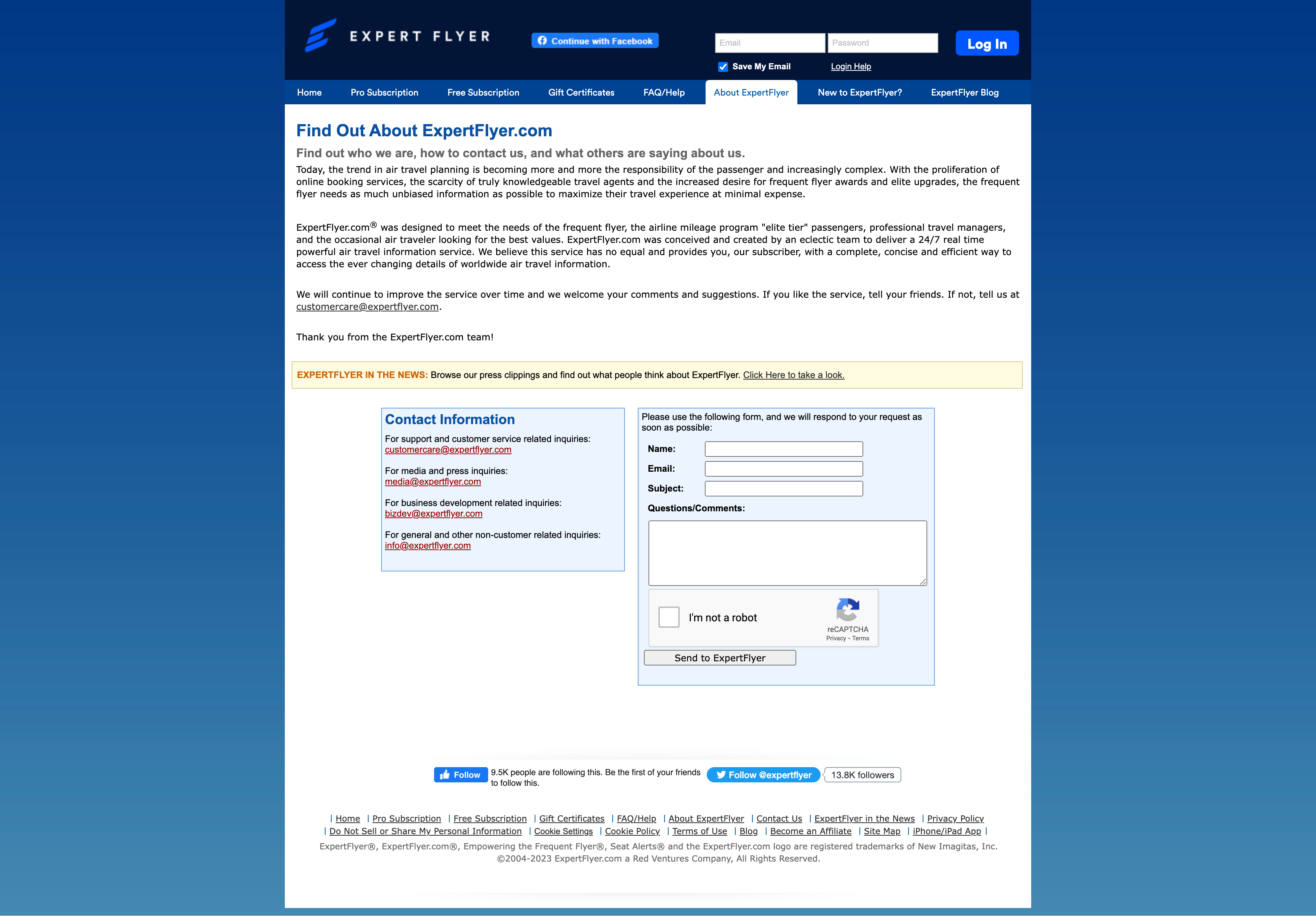 Screenshot of old ExpertFlyer contact us page
