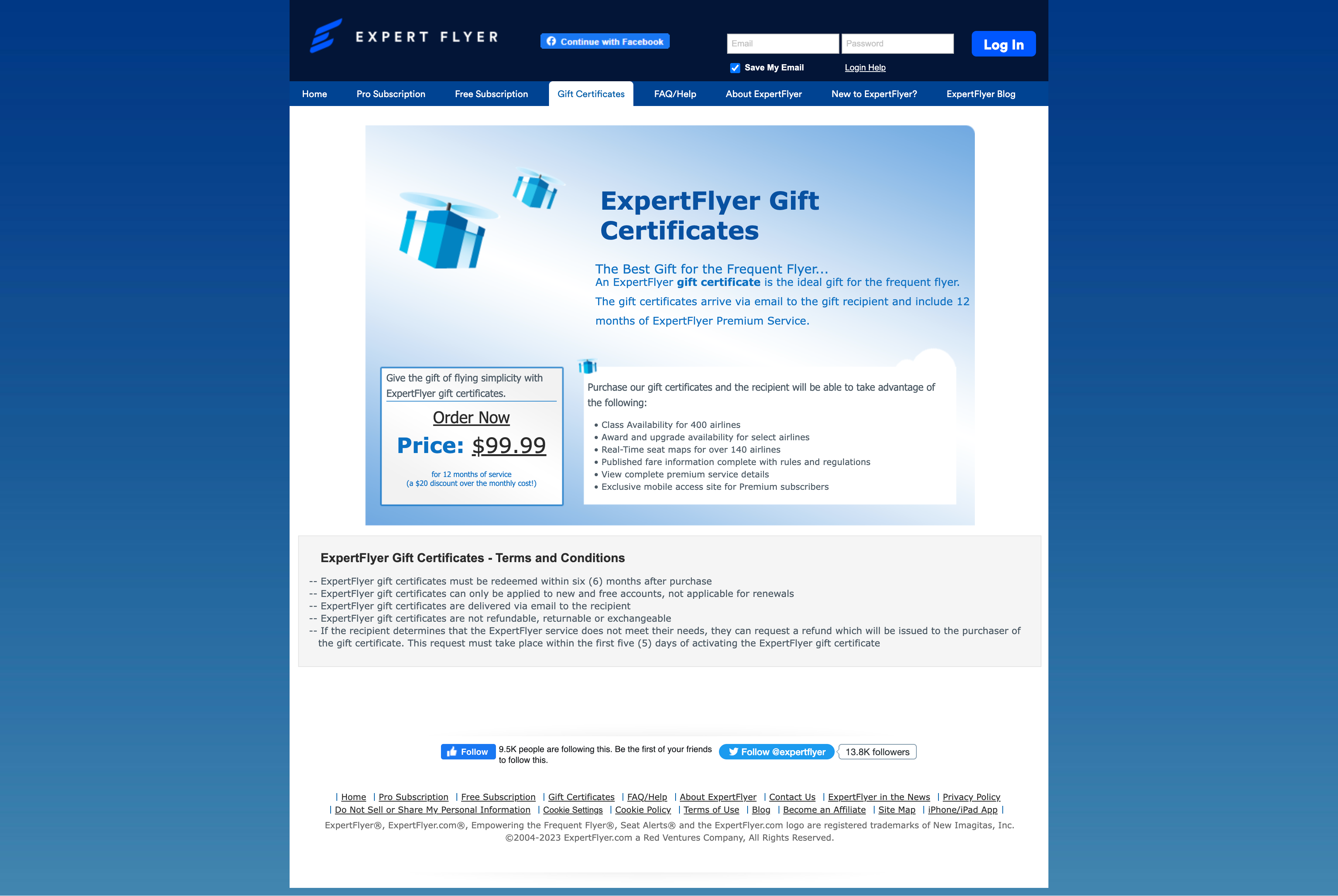 Screenshot of old ExpertFlyer gift card page