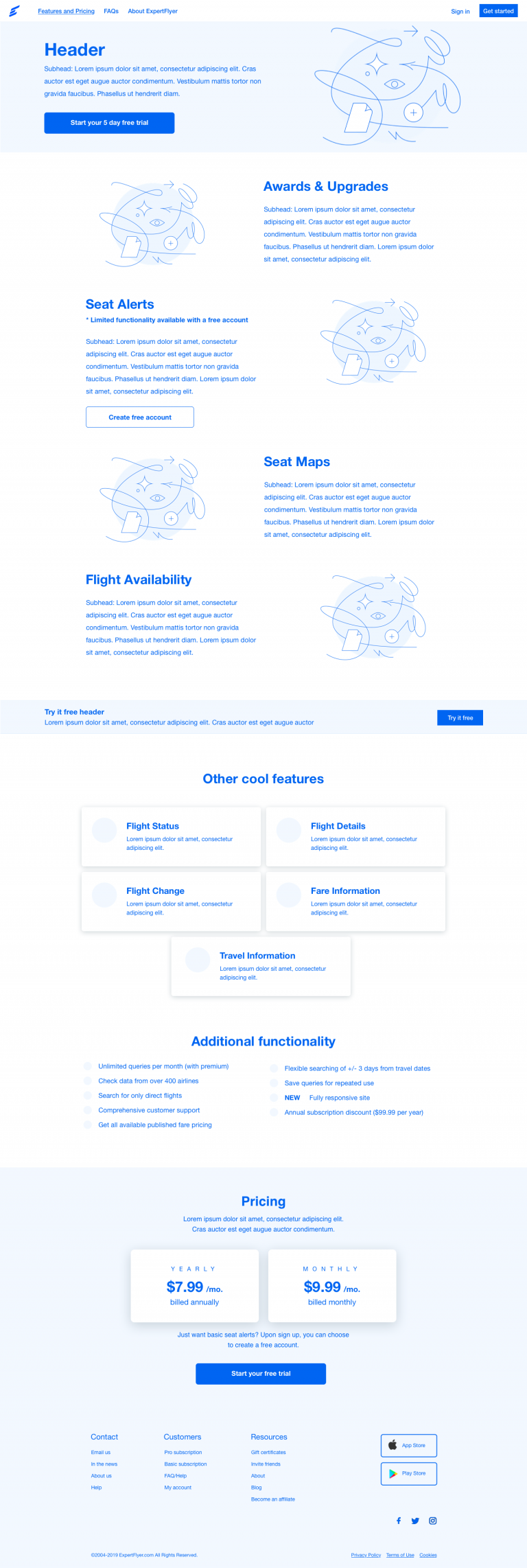 Low-fidelity wireframe of desktop features & pricing page