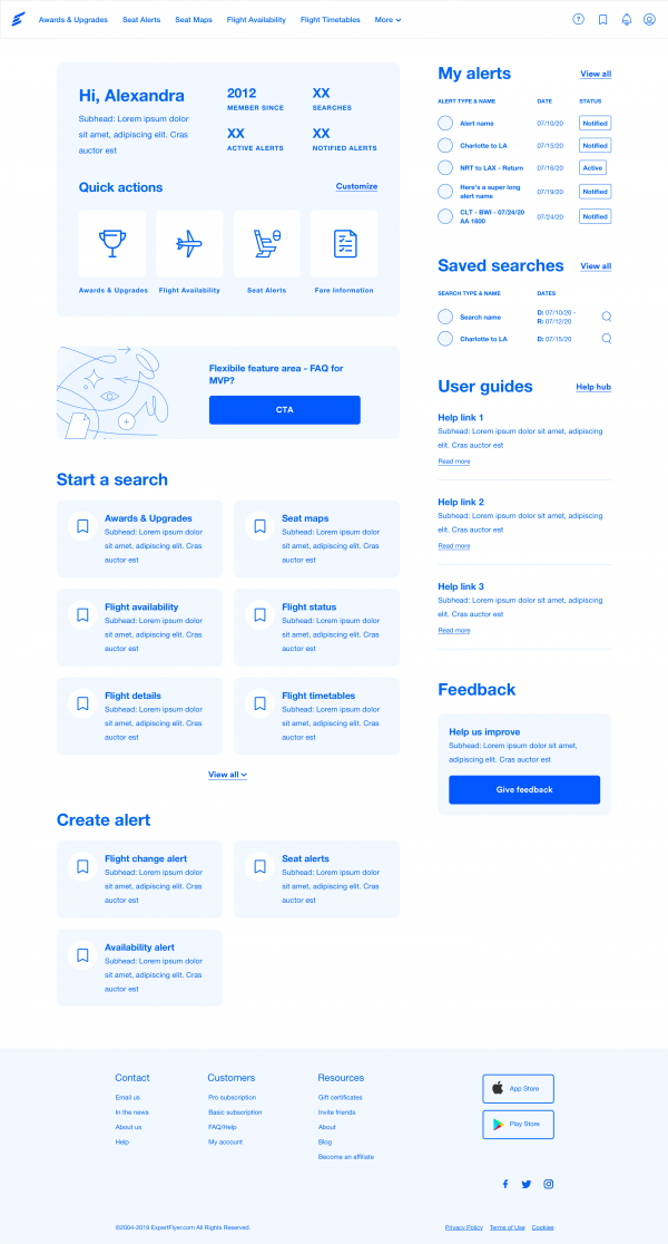 Wireframe of premium desktop dashboard showing quick links, CTAs, alerts, searches, guides, and support
