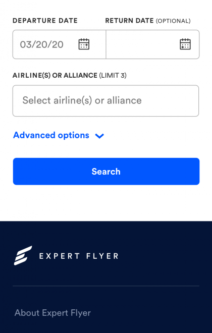 ExpertFlyer Flight Availability search page for checking available flights