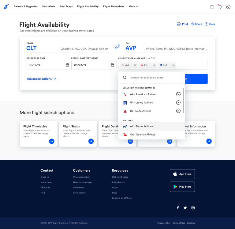 ExpertFlyer Flight Availability search page for setting up your availability search