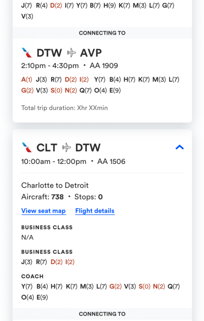 ExpertFlyer Flight Availability Mobile results page by class or cabin