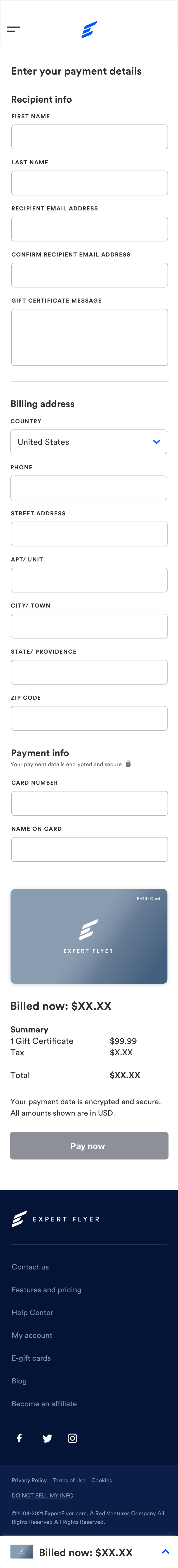 High-fidelity mockup of mobile gift card purchase form