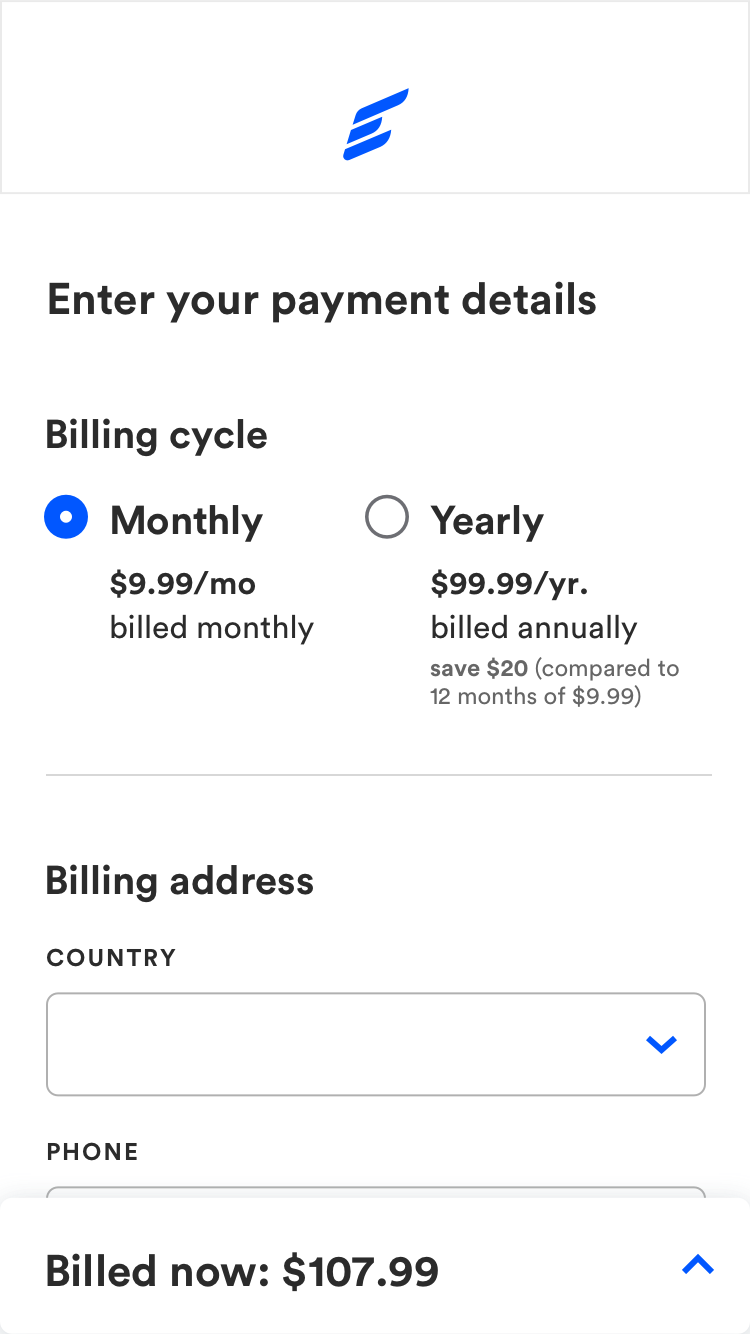 High-fidelity mockup of Mobile payment form with sticky billing summary collapsed