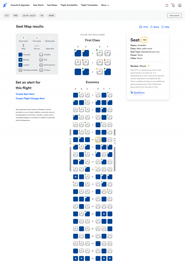 ExpertFlyer Seat Map results page showing the seat map for a particular flight, seat reviews, and availability