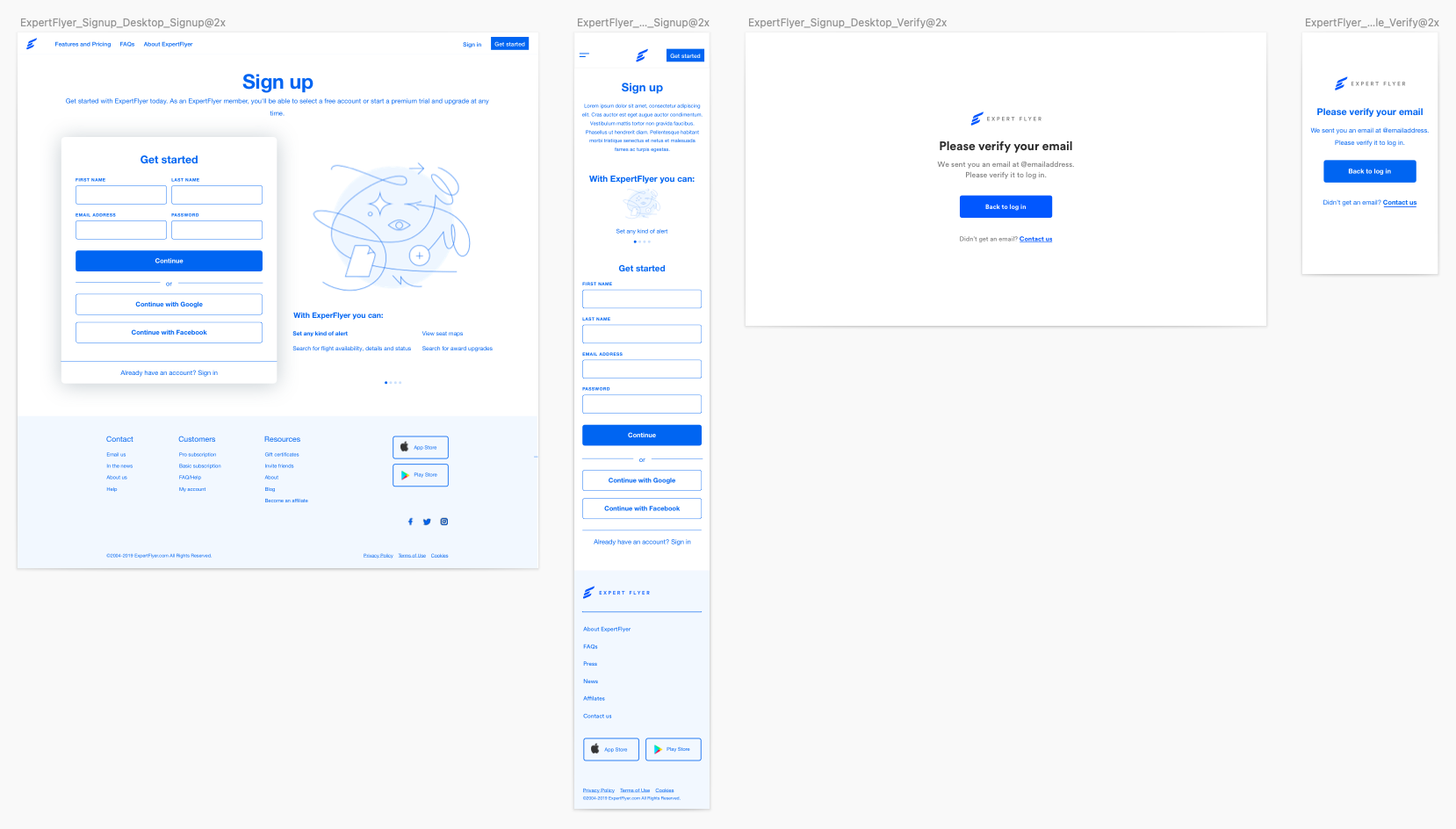 Screenshot of version 1 wireframes of the signup flow based on the sketch - sign up and verification