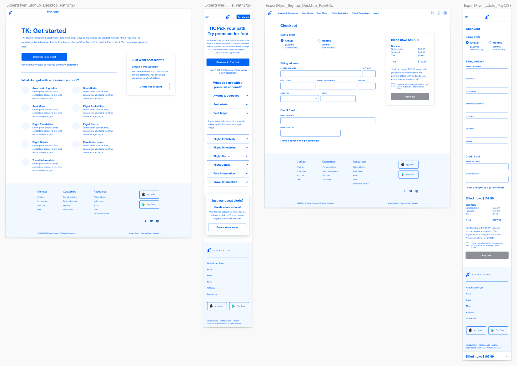 Screenshot of version 1 wireframes of the signup flow based on the sketch - selecting free or premium trial and payment form