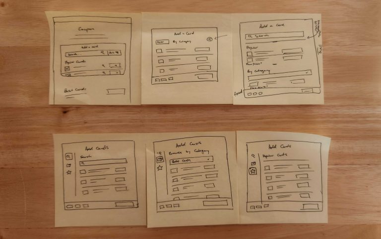 Photo of sticky note exploration sketches of the add to compare functionality