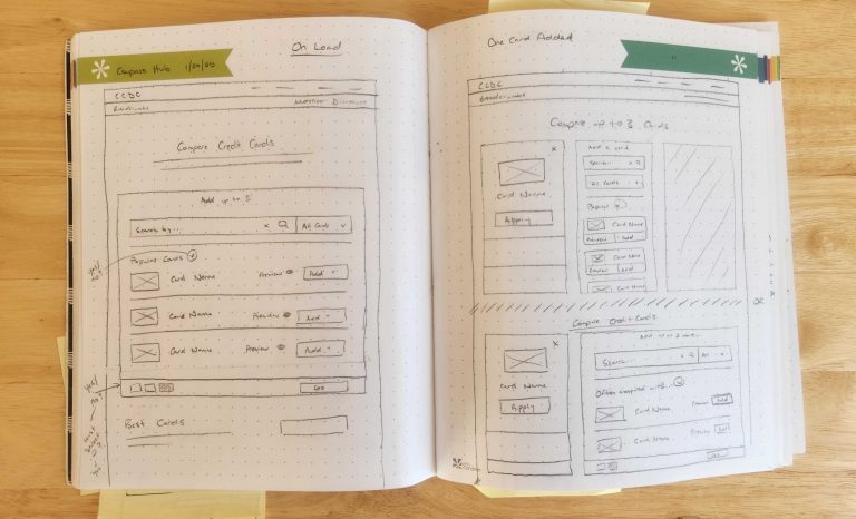 Photo of sketch notebook of compare hub add to compare functionality