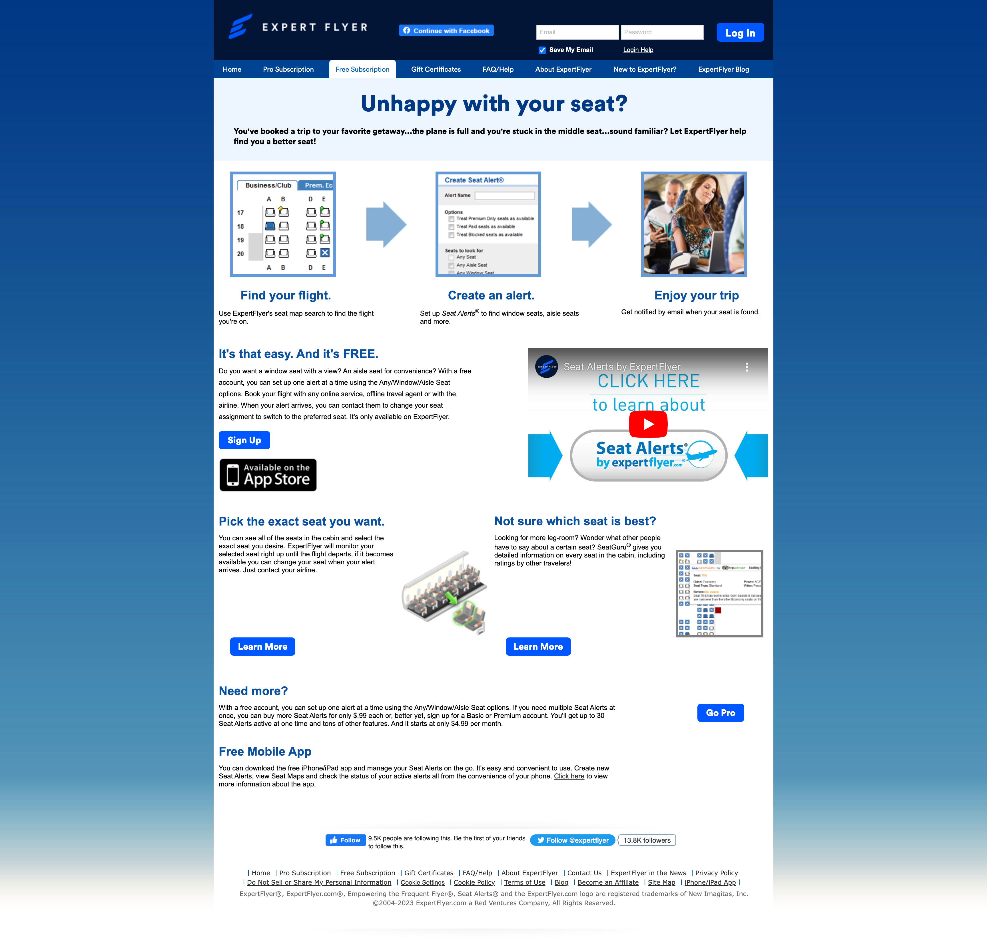 Screenshot of old/ live ExpertFlyer free features page